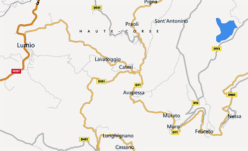 Situation et plan du village de Cateri en Balagne dans le département de la Haute Corse